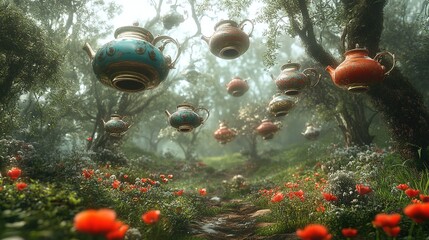 Wall Mural - Floating teapots in enchanted forest surreal art dreamlike setting whimsical viewpoint