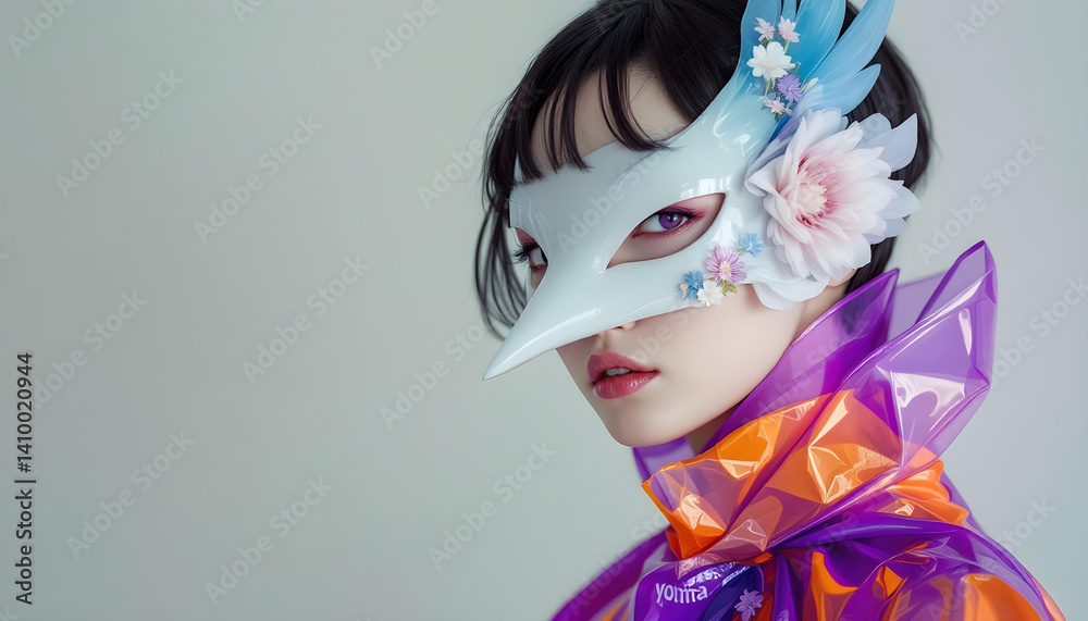 ファンタジーストーリー(時の流れが淀む淵に、未来と過去の幻影をまとう、ミステリアスな仮面の女性) の Stock フォト | Adobe Stock