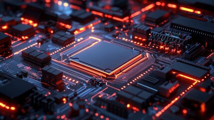 Poster - A close-up view of a modern computer chip surrounded by intricate circuitry and glowing lights, showcasing advanced technology.