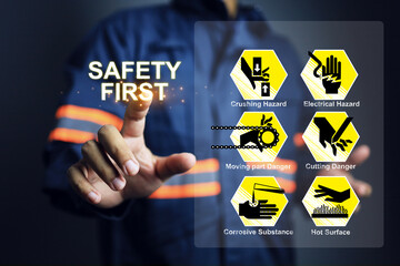 Wall Mural - personal protective equipment in hand protection concept with safety staff pointing safety first wor