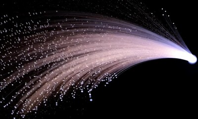 Poster - Dynamic animation of purple and blue particles bursting from optical fiber and spiraling outward made with Generative AI technology