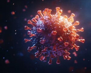 Wall Mural - a 3d visualization of a virus, showcasing the capsid spikes and glowing rna strands, against a dark 