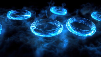 Poster - A mesmerizing display of glowing blue rings floating in a mystical mist, creating an ethereal and captivating atmosphere.