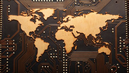 Poster - World Map Burned into Circuit Board Design with Digi Gigapixel Quality