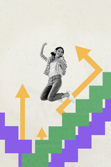 Aufkleber - Poster template collage of person jump up win with arrows up puzzle pice on pastel color background