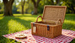 © f_bossa - Everyday objects - for downstream advertisement and design: An open wicker picnic basket sits on a red and white checkered blanket in a grassy park, hinting at a relaxing outdoor meal.