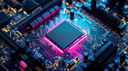 Poster - Close-up view of a CPU with vibrant lights on a circuit board, showcasing the intricate details of modern technology.