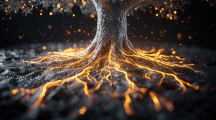 Poster - energizing roots of nature forest ground digital art dark environment close-up view concept of life 