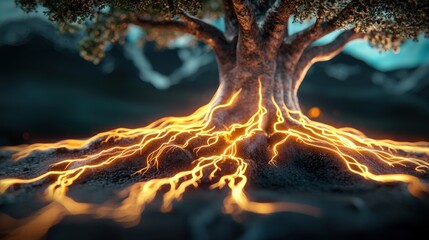 Poster - Ethereal tree roots glowing with energy enchanted forest digital artwork magical environment close-up perspective nature’s mystique
