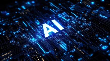 Poster - Futuristic representation of artificial intelligence with glowing circuits, showcasing innovation and digital transformation.