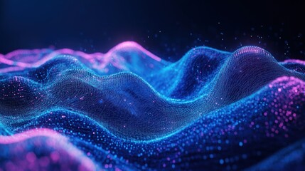 Poster - Vibrant abstract waves of light and particles in shades of blue and pink, creating a captivating digital landscape.