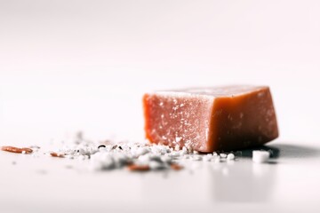 Aufkleber - Delectable caramel cube atop delicate scattering of sea salt crystals against creamy background