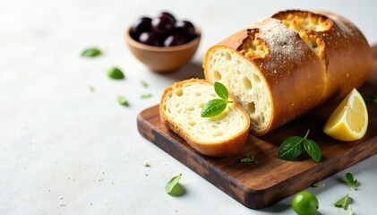 Wall Mural - Rustic Italian bread, olives, cheese on white , mushroom, oil