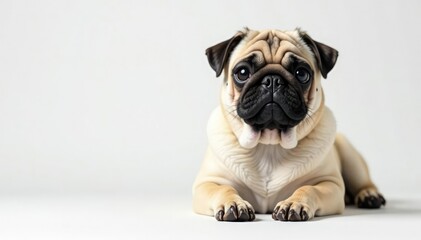 Wall Mural - Single pug rests on plain white backdrop; focused, clear image, image, single