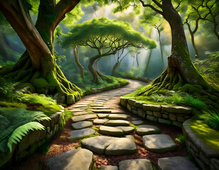 Poster - Lush forest pathway lined with stone, surrounded by vibrant trees and soft sunlight filtering through the leaves