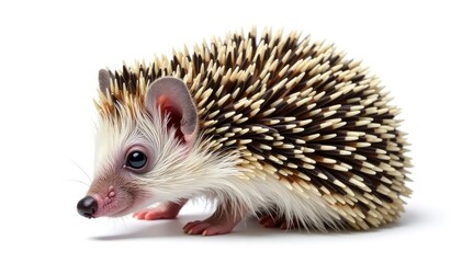 Wall Mural - Tiny hedgehog, curled in defense, isolated on pure white background , closeup, white