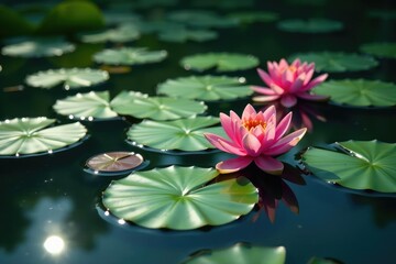 Wall Mural - Water lilies create a floral pattern on a still lake, beauty, green, tranquil