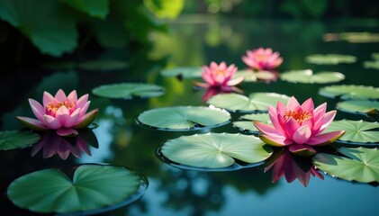 Wall Mural - Water lilies creating a floral pattern across still lake, water lilies, summer
