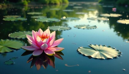 Wall Mural - Water lilies forming a floral pattern across a still lake, stock photo, background, asset