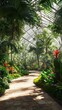 © fuad - Lush tropical greenhouse walkway bathed in sunlight.