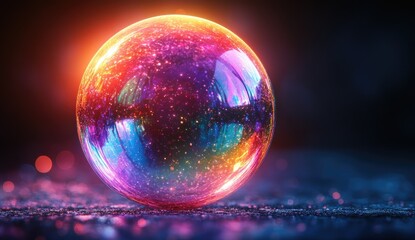Poster - Digitally Rendered Multicolored Glowing Sphere with Intricate Particle Design on Dark Background