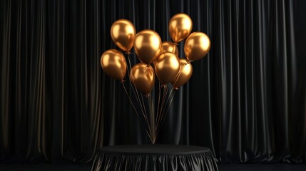 Wall Mural - a dramatic black friday sale scene with golden balloons, set on a dark podium with black velvet curt