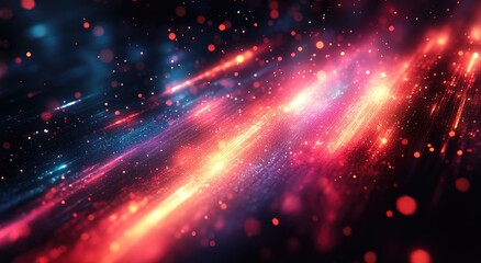 Poster - Energetic Display of Glowing Particles in Red Orange and Blue Against a Dark Background with Dynamic Motion and Sparkle