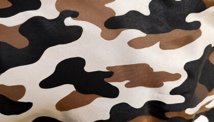 Poster - Camouflage pattern texture. Brown, black and white colors. Cloth background. Fabric design. Camo shapes print. Army style. Military textile. Repeating modern pattern. Close up view.