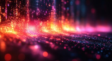Poster - Abstract Cascading Light Particles in Vibrant Color on Dark Background with Bokeh Effect for Futuristic and Energetic Feel