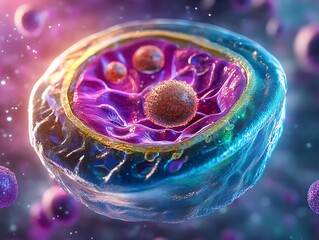 Wall Mural - A microscopic look at a developing cell, showcasing its internal structures and biological processes in a laboratory setting.