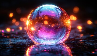 Poster - Abstract Glass Sphere with Colorful Inner Patterns and Bokeh Lighting on Dark Background Art Photography Illusion