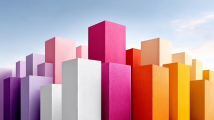 Poster - Row of colorful cubes are stacked on top of each other. The cubes are of different colors, including pink, white, and orange. Concept of creativity and playfulness