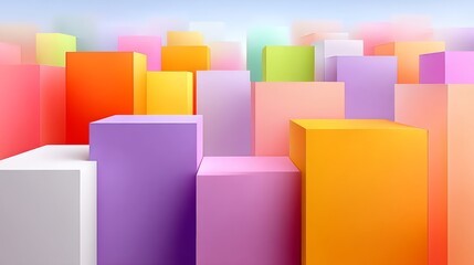Poster - Colorful array of cubes in various shades of pink, purple, and yellow. The cubes are arranged in a way that creates a sense of depth and dimension. The image conveys a feeling of creativity