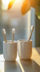 Poster - Toothbrushes placed in a cup on a table, suitable for bathroom or kitchen scene.