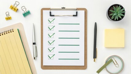 Poster - Checklist on a clipboard surrounded by office supplies and a small plant, emphasizing productivity and organization.
