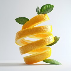 Poster - A spiraling citrus fruit, possibly a lemon or orange, with vibrant color and fresh green leaves. A beautiful image. Vibrant Citrus Spiral: A Whimsical Twist of Lemon or Orange Zest