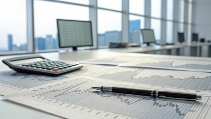 Aufkleber - A modern office workspace featuring a calculator, pen, and financial documents, with a city skyline visible through large windows.