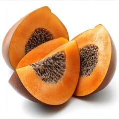 Poster - Three vibrant apricot slices, showcasing their juicy, sweet, and refreshing nature. Perfect summer treat! Sliced Apricots: Juicy, Sweet, and Refreshing Summer Fruit Isolated on a white background.