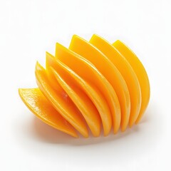 Poster - Close-up of vibrant yellow mango slices arranged in a captivating spiral on a pristine white background. Vibrant Yellow Mango Slices Arranged in a Spiral on White Background