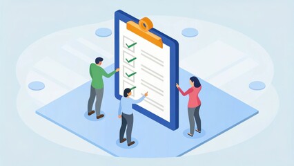 Aufkleber - Four people collaborating on a checklist on a digital clipboard, emphasizing teamwork and organization in a professional setting.