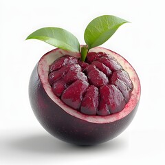 Poster - A halved mangosteen reveals its succulent, crimson segments. The vibrant colors and glossy texture create a visually appealing image. Isolated on a white background.