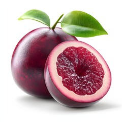 Poster - A halved blood Mangosteen with vibrant red segments and lush green leaves, isolated on a white background. A delicious and healthy fruit. Mangosteen Isolated on a white background.