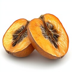 Aufkleber - Two halves of a dried Medlar fruit, showcasing the inside texture and the vibrant orange color of the fruit. Sliced Medlar Isolated on a white background.