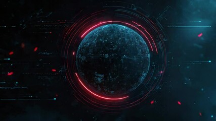 Poster - Futuristic Digital Sphere with Neon Lights and Data Streams in a Dark Cybernetic Environment