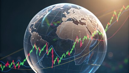 Poster - A globe with financial graph overlays illustrates global market trends in a modern, digital style.