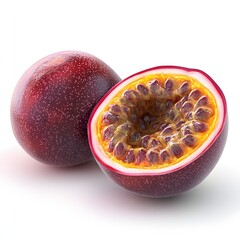 Aufkleber - Close-up of a whole and halved passion fruit, showcasing its vibrant colors and juicy interior. A tempting image for any food lover. Isolated on a white background.