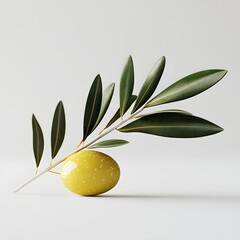 Aufkleber - Green Yellowish olives with leaves, glistening with freshness, lie alongside vibrant green leaves against a pristine white background. A beautiful, healthy food image. Isolated on a white background.