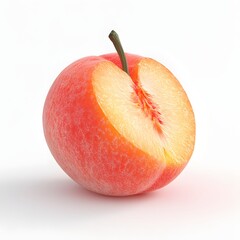 Poster - A close-up image of a halved peach, showcasing its vibrant color and juicy flesh. The peach rests against a clean white background. A Juicy Half-Sliced Peach on White Background