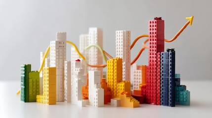 Poster - Colorful city made of plastic brickswith a red arrow pointing upwards. Concept of growth and progress, as the city is built up and expanding.
