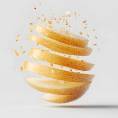 Aufkleber - A pear sliced in mid-air, creating a visually appealing composition with falling pieces. Isolated on a white background. Sliced Pear in mid-air suspended in time burst of freshness and juicy delight